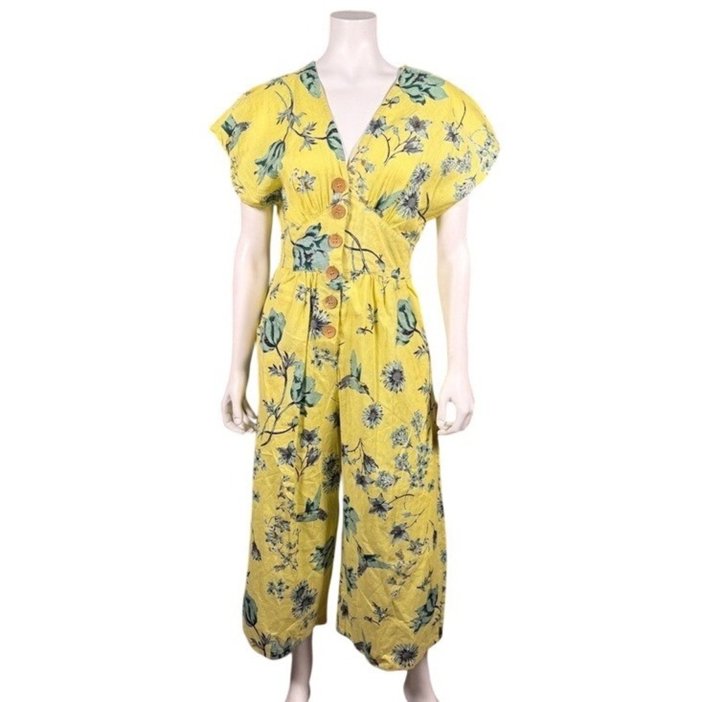 Angie Womens Yellow Floral Hummingbird Cotton Wide Leg Crop Jumpsuit Boho NEW